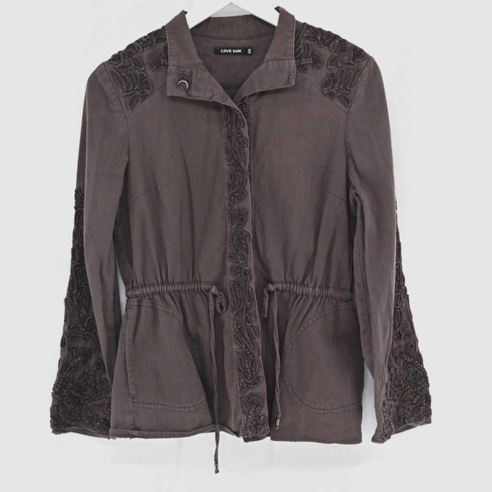 Anthropologie Love Sam Travis Jacket Womens Size XS Military Brown Embellished - Picture 1 of 14